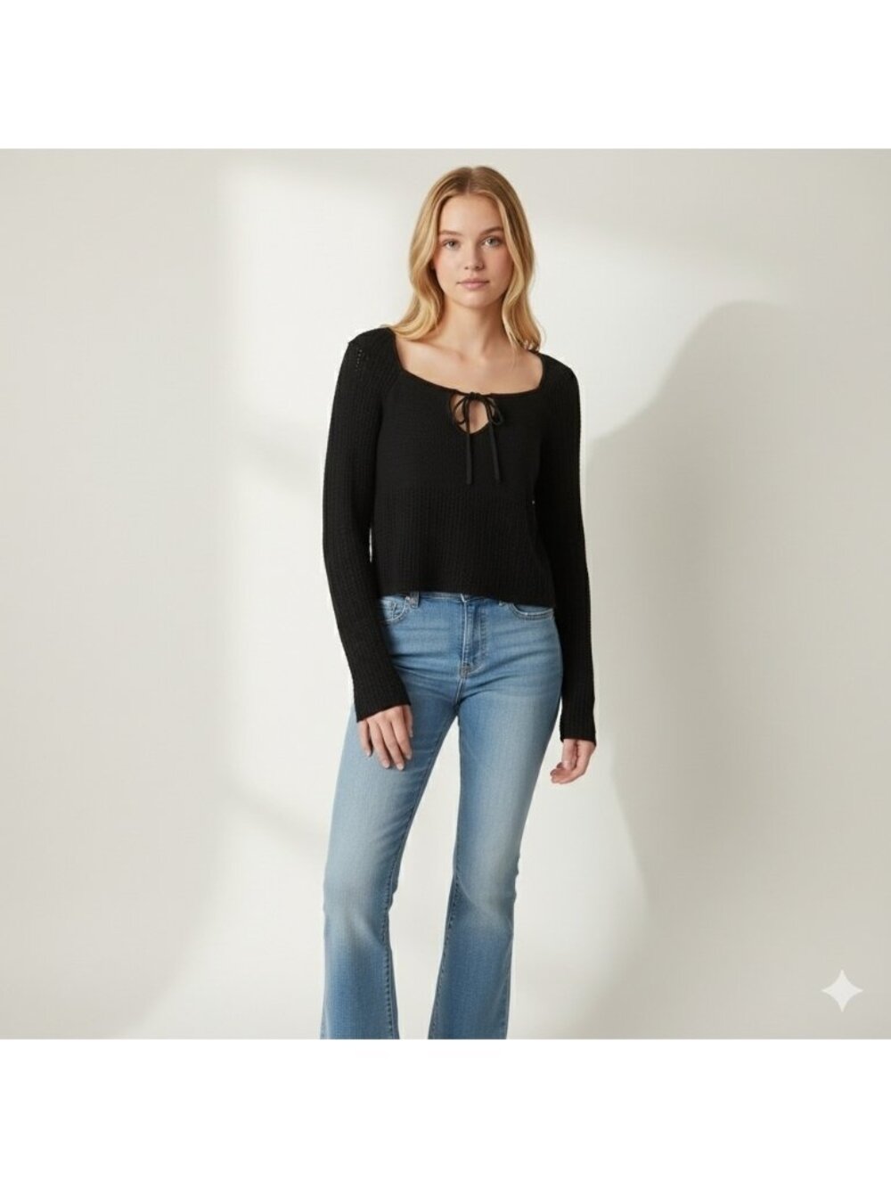 American Eagle Black Crochet Long Bell Sleeve Cropped Sweater Size XL Boho Y2k